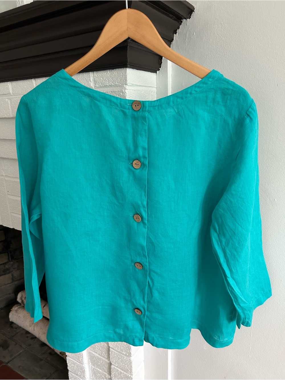 Nicole Miller Linen Turquoise Boatneck Long-Sleeve Linen Top - Picture 4 of 4